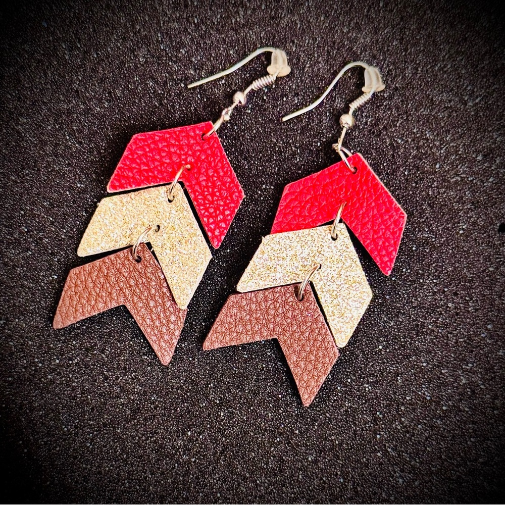 Red, Gold, and Brown Chevron Pattern Layered Leather Earrings